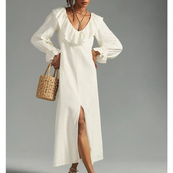 Anthropologie Porridge Cottage Ruffled Long-Puff Sleeve Shirt Dress, Cream, XL - Picture 1 of 14